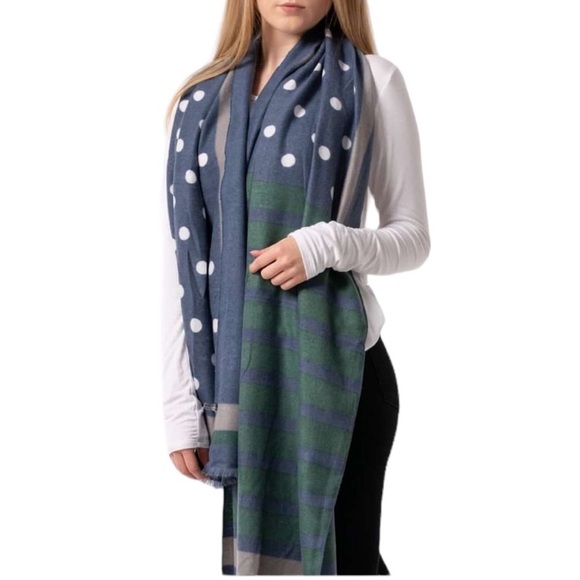 Boutique Polka Dot Stripes Blue Green 100% Rayon Pattern Mix Long Scarf B2 - Picture 1 of 4